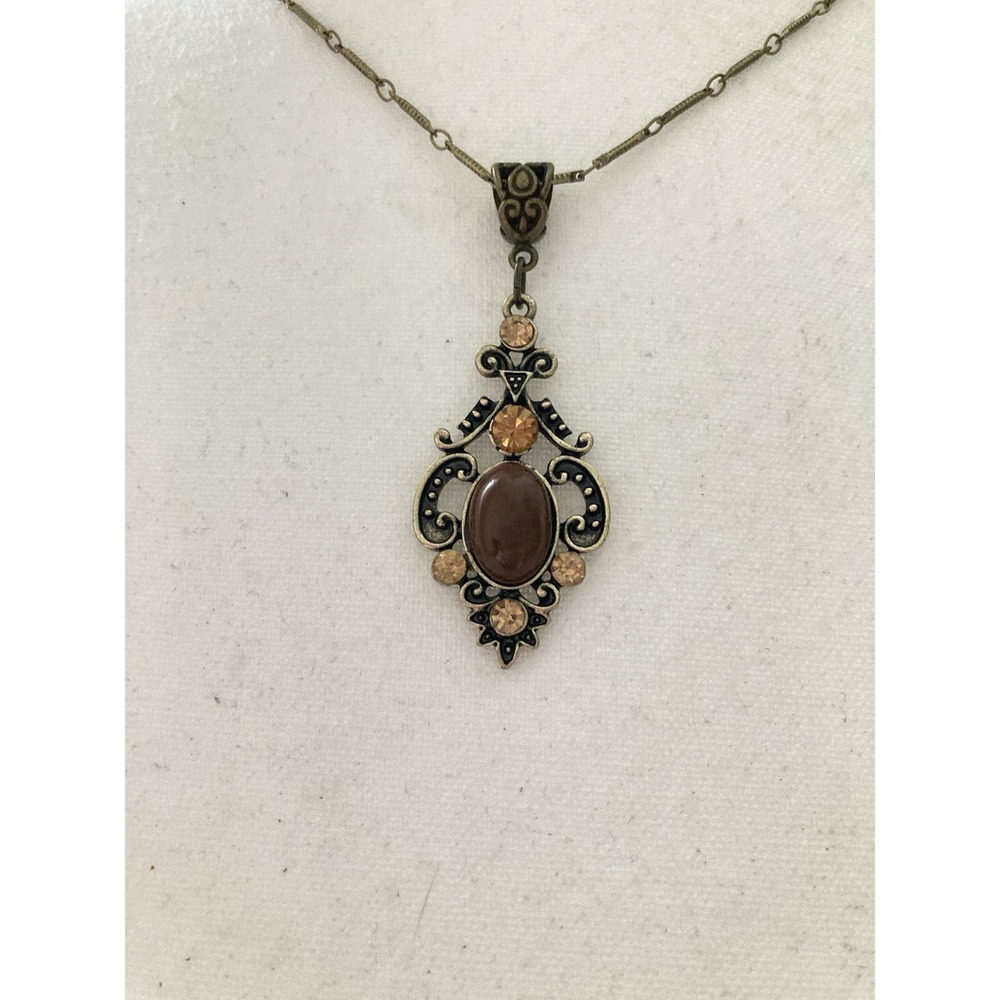 Antiqued Gold Tone Filigree Pendant Necklace Brown Cabochon Victorian Revival